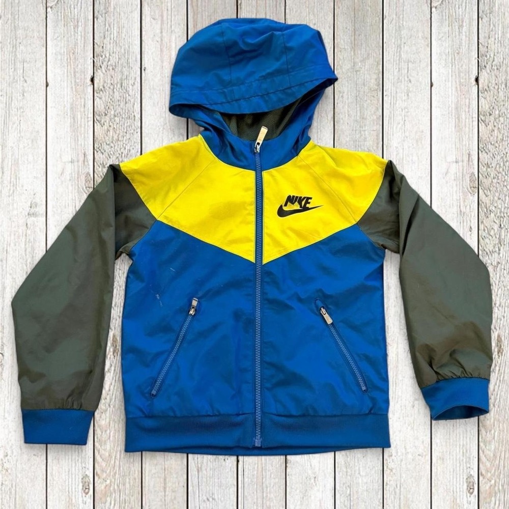 Nike Boys Size 7 Colorblock Hooded Windbreaker Jacket Blue Yellow Gray